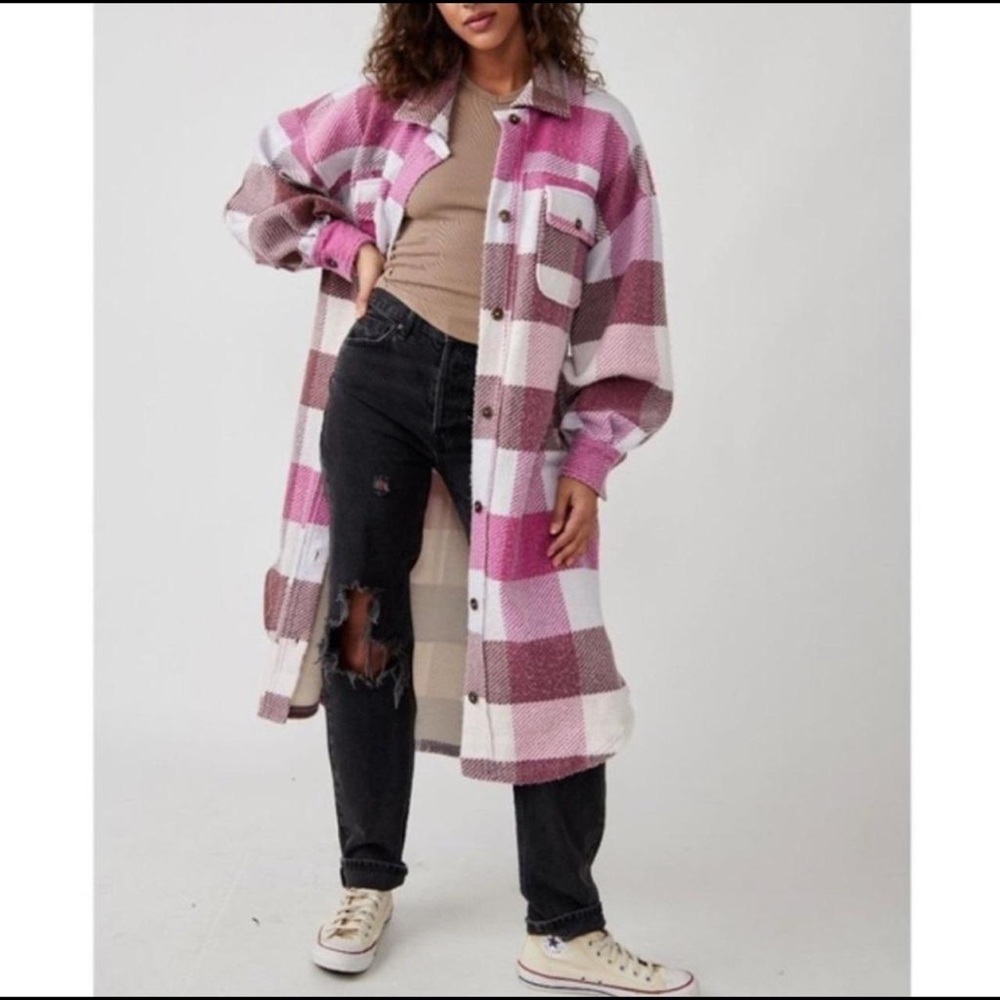 Free People - We The Free - Oversized plaid fleece jacket with elbow patch- S - Picture 5 of 7
